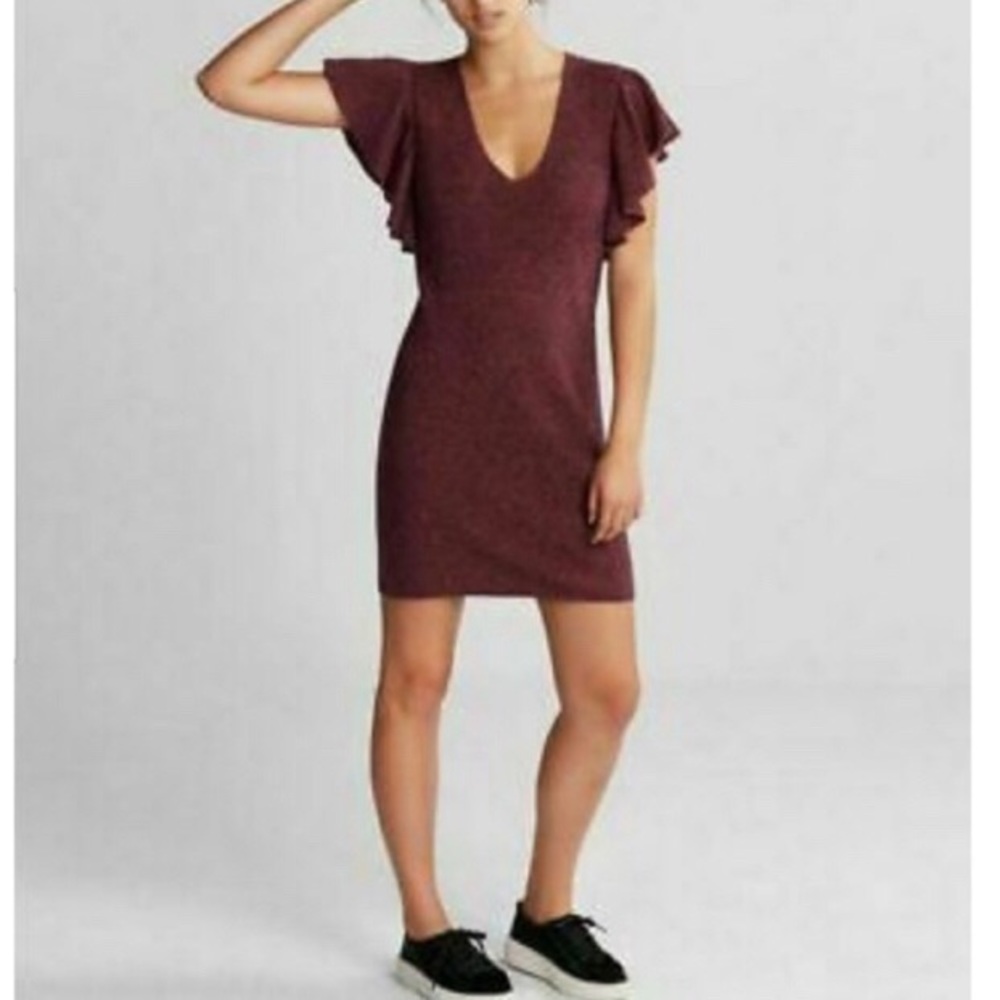 NWT Express Knit Crochet Sweater Mini Dress Sheath Ruffle Sleeves Plum Sz S